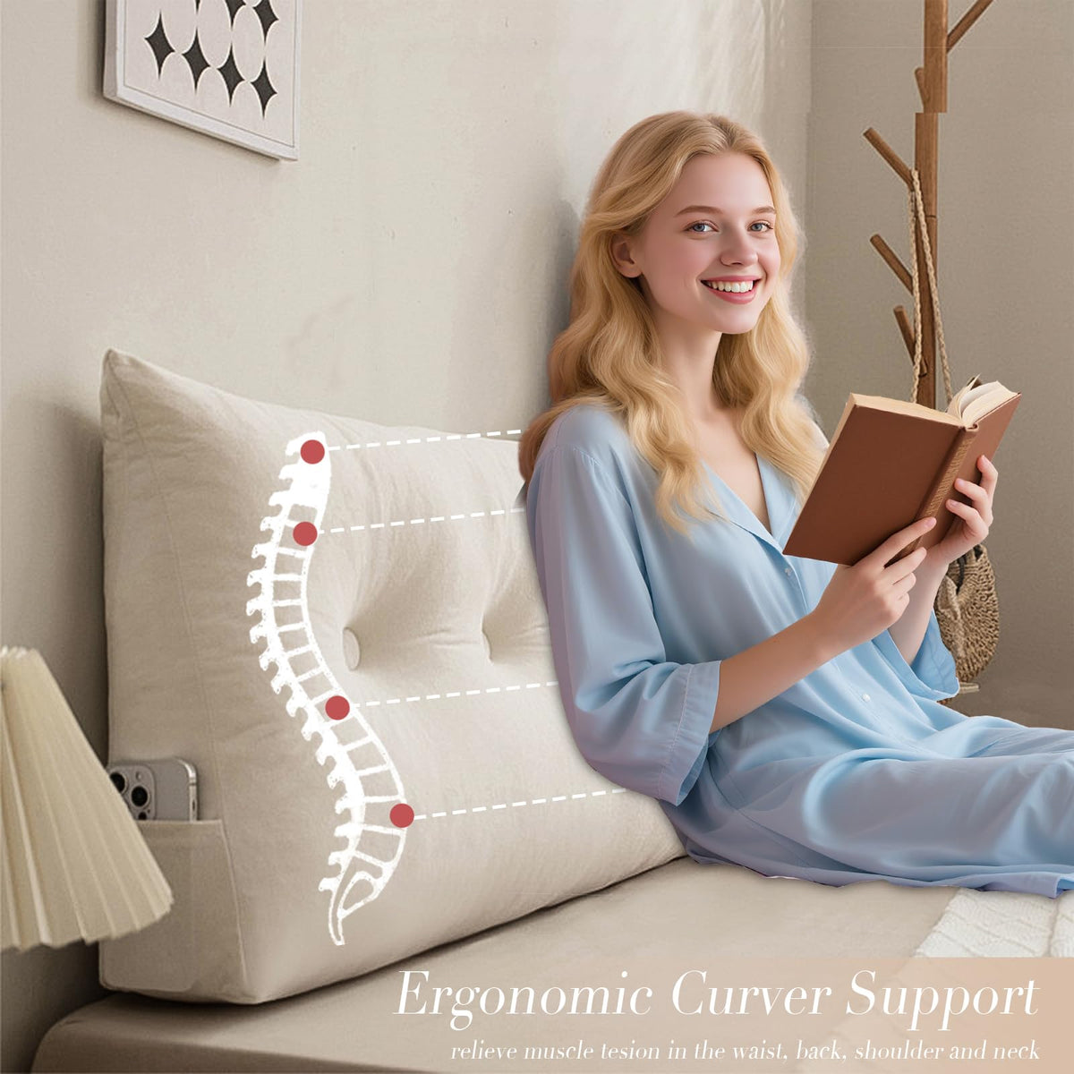 Cnsmak wedge pillow features a side pocket for remotes and phones.