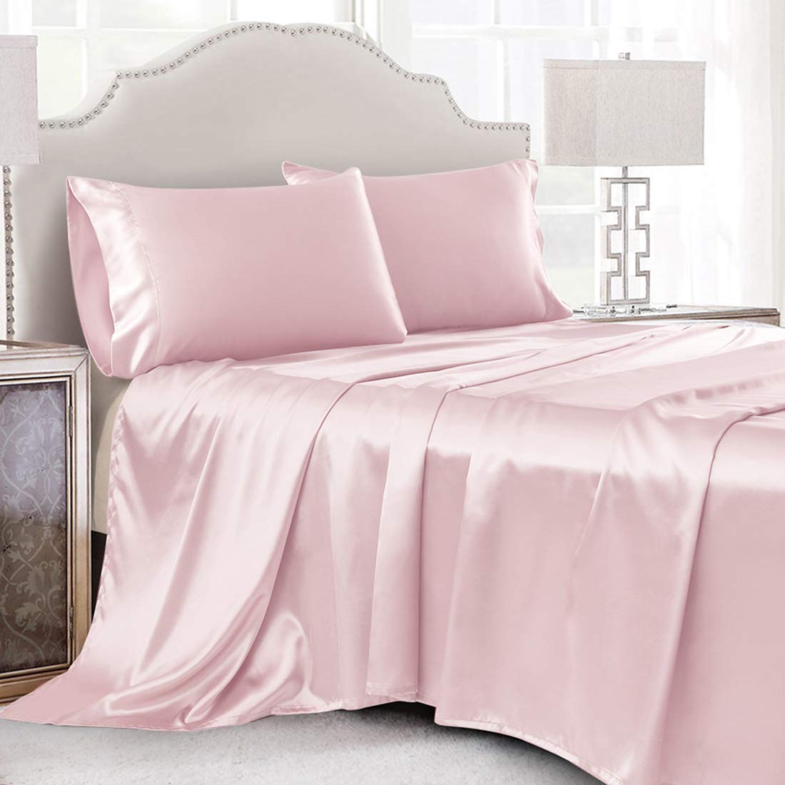 Cobedzy blush pink satin sheets 4pc full size with silky, breathable texture for night comfort