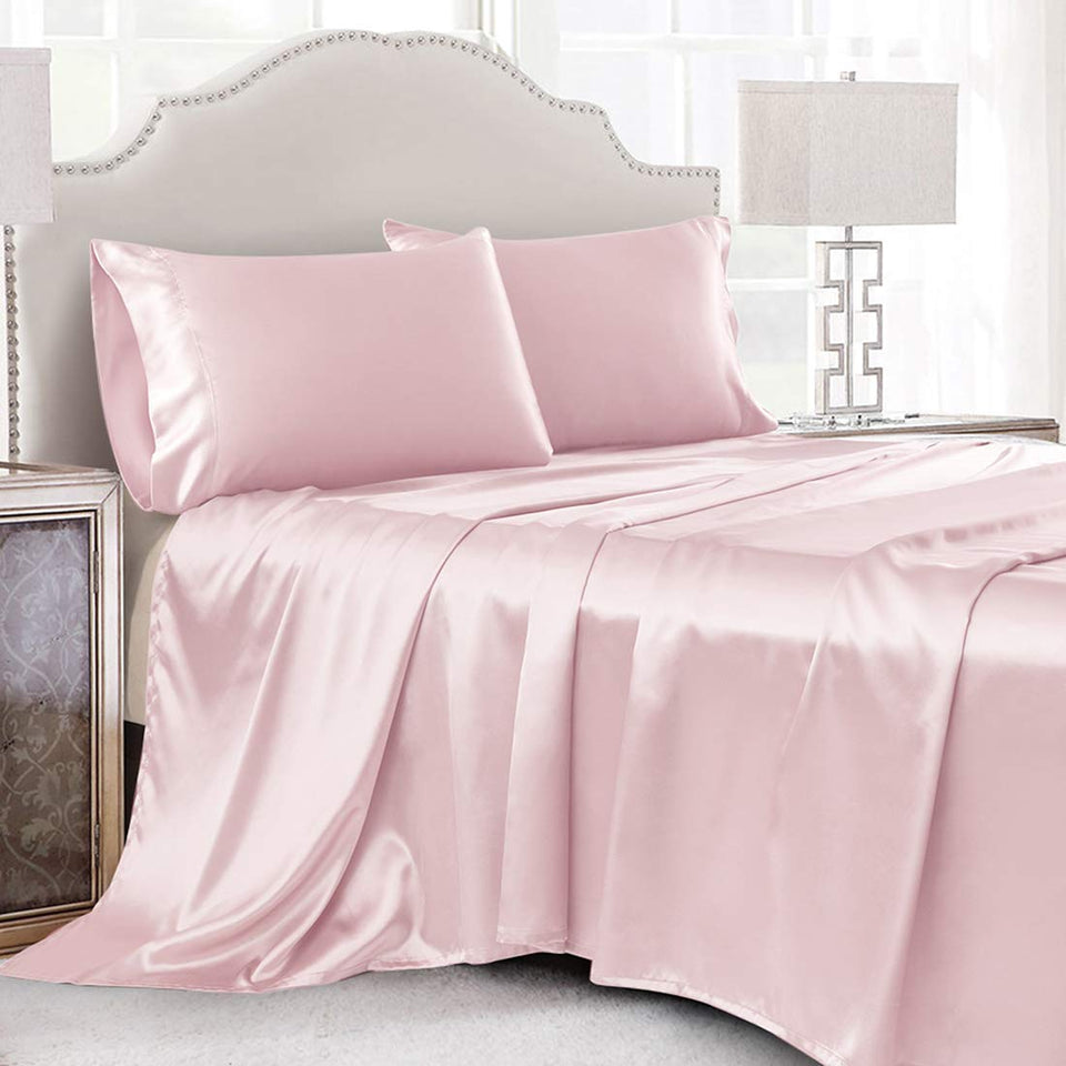 Cobedzy blush pink satin sheets 4pc full size with silky, breathable texture for night comfort