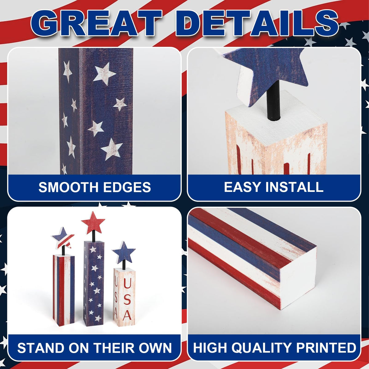 COCHIE patriotic wooden star candles, 6.5 inches, festive desk decor for holidays