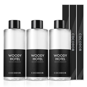 Cocodor Woody Hotel diffuser bottle pour for easy refills and refined scent.