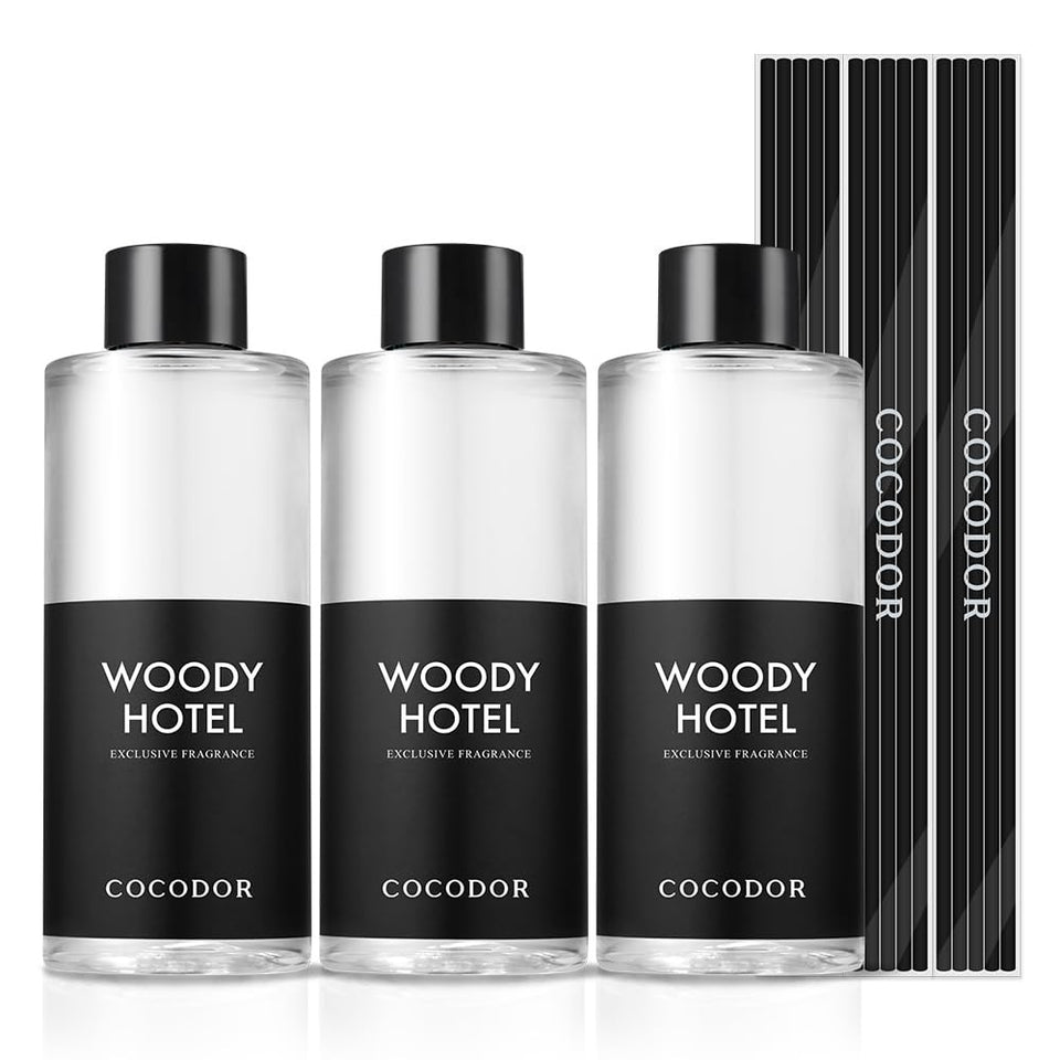 Cocodor Woody Hotel diffuser bottle pour for easy refills and refined scent.