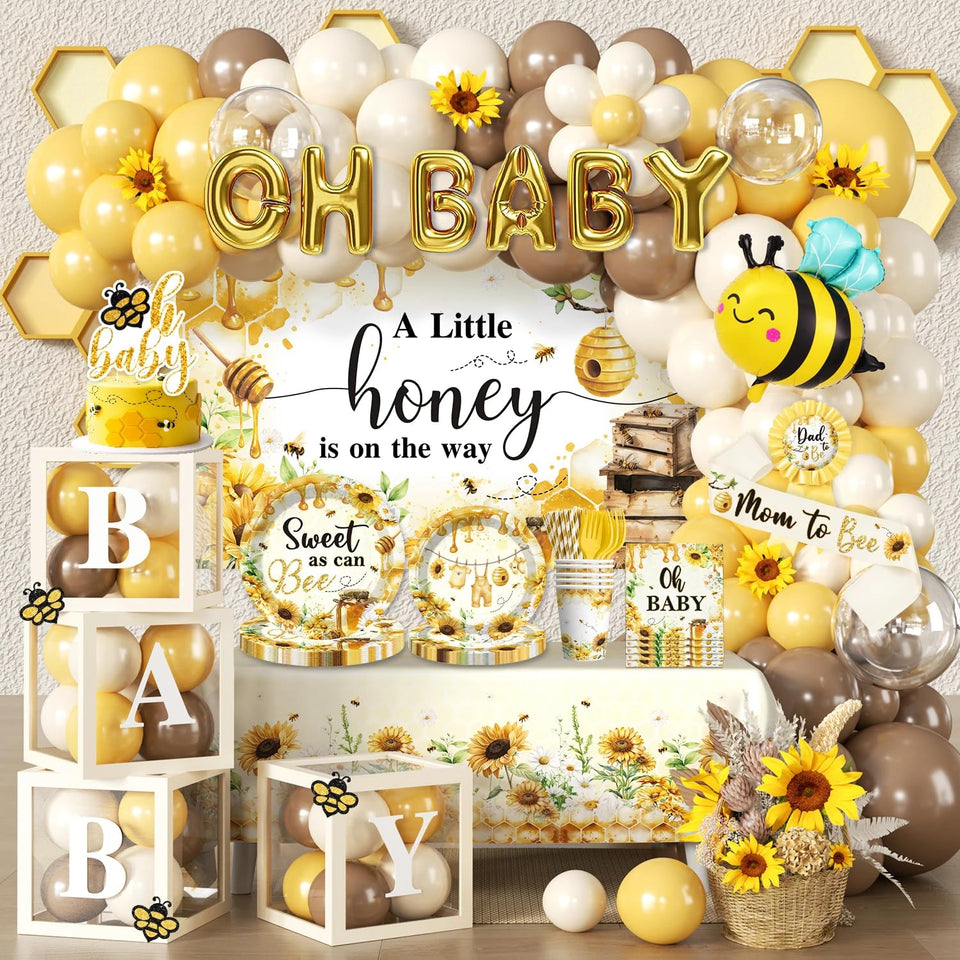 Cocomigo bee baby shower backdrop creates a bright photo-ready focal point.