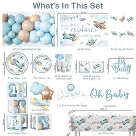 Cocomigo airplane baby shower backdrop photo-ready setting for guests
