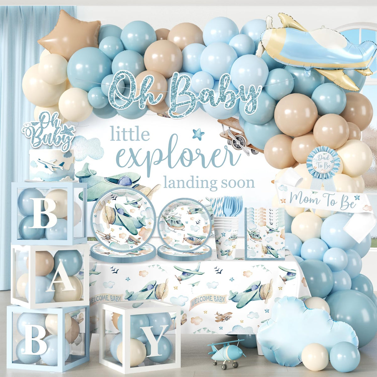 Cocomigo airplane baby shower banner as the eye-catching focal point for photos