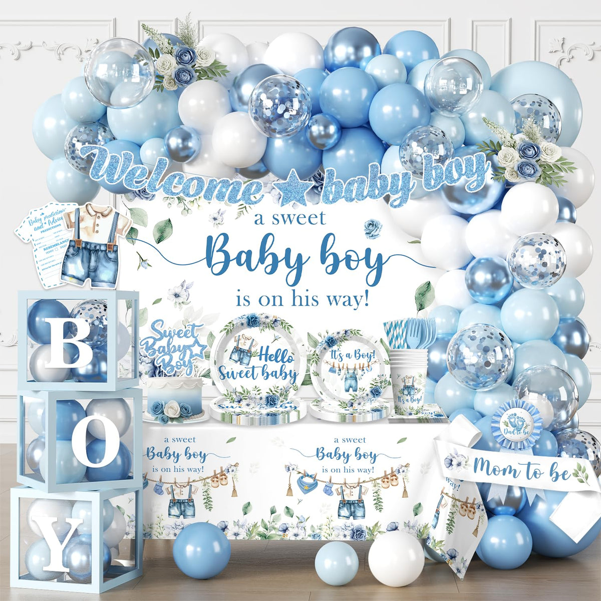 Cocomigo baby boy balloon arch creates a striking photo focal point for a joyful shower.