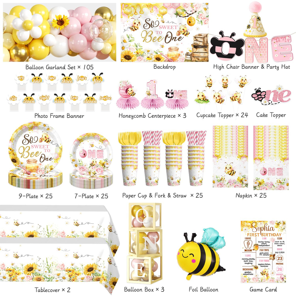 Cocomigo bee banner backdrop adds pink-yellow floral party mood.
