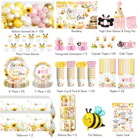 Cocomigo bee banner backdrop adds pink-yellow floral party mood.