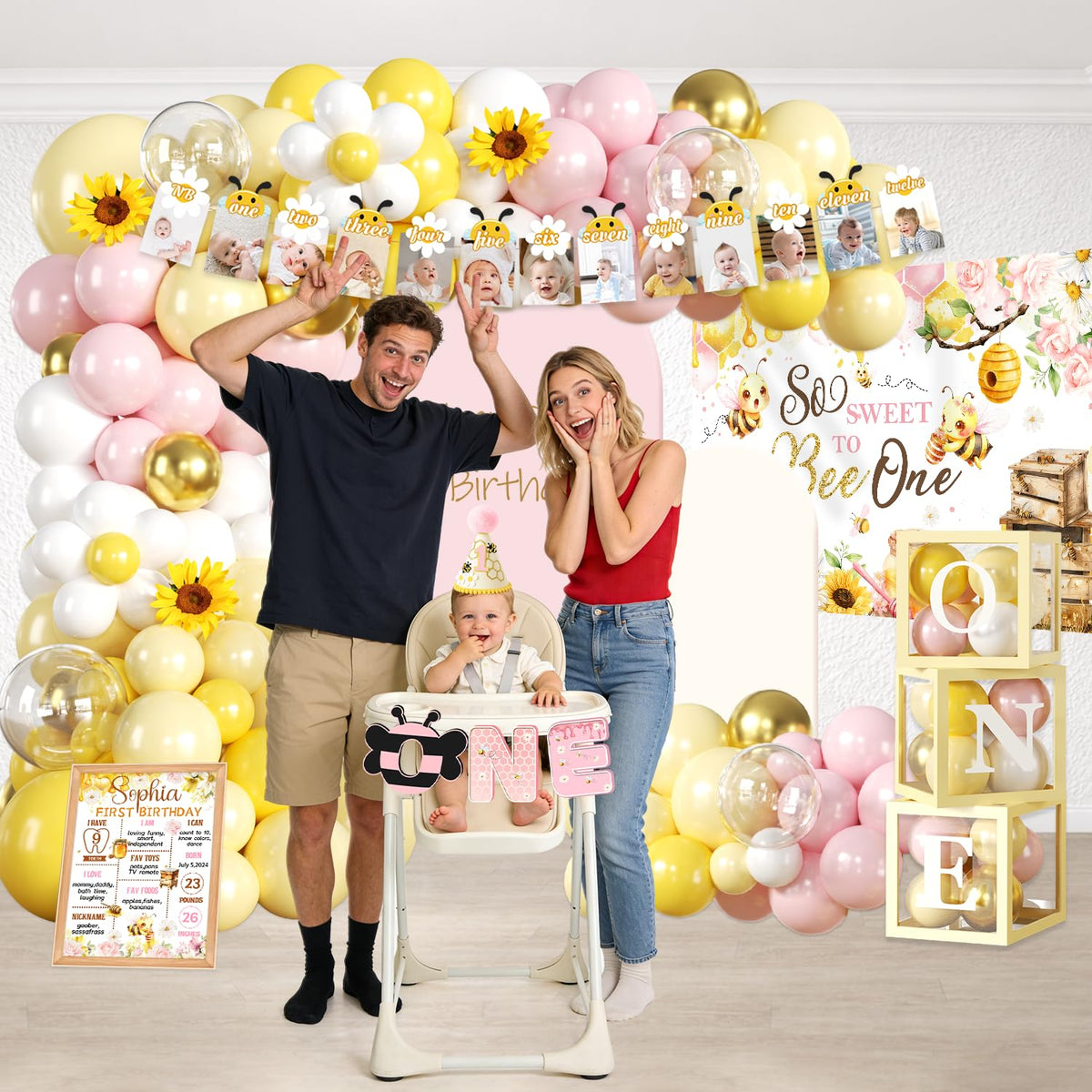 Cocomigo bee cake topper adds a playful finishing touch.