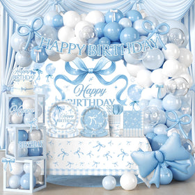 Cocomigo blue bow birthday backdrop creates a dreamy party photo setting