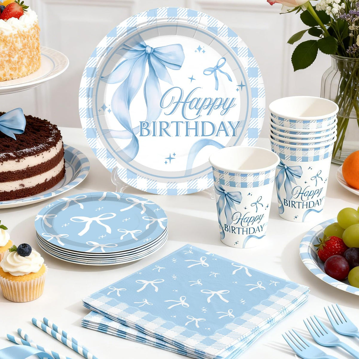 Cocomigo blue bow tablecloth provides moisture resistance and easy cleanup