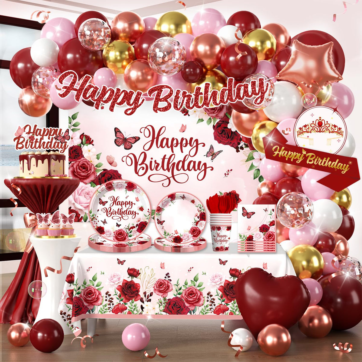 Cocomigo burgundy birthday backdrop for elegant women’s party photos