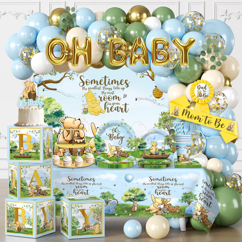 Cocomigo Classic Bear baby shower arch with blue accents for a charming welcome.