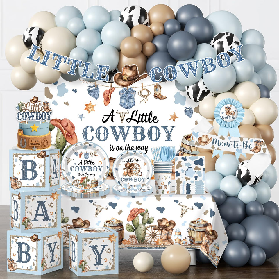 Cocomigo cowboy baby shower banner creates a festive Western welcome.