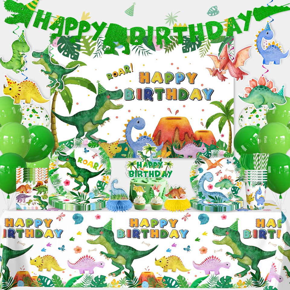 Cocomigo dinosaur birthday banner creates a vibrant party backdrop.