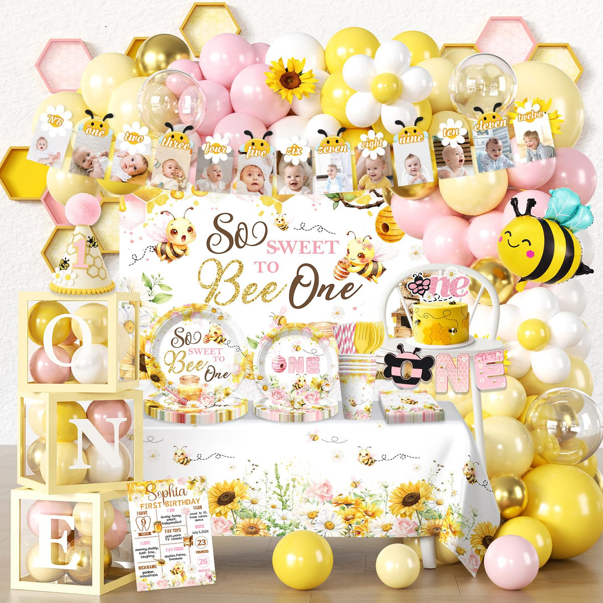 Cocomigo first bee day balloon arch creates a showpiece photo backdrop.