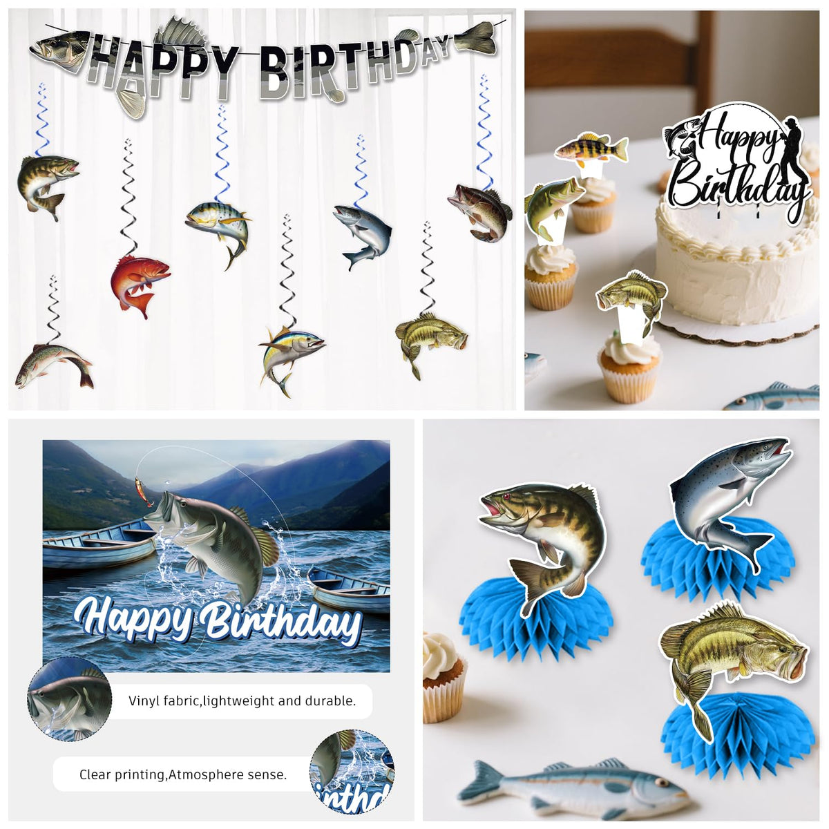 Cocomigo fishing birthday tablecloth provides a unified base for meals.