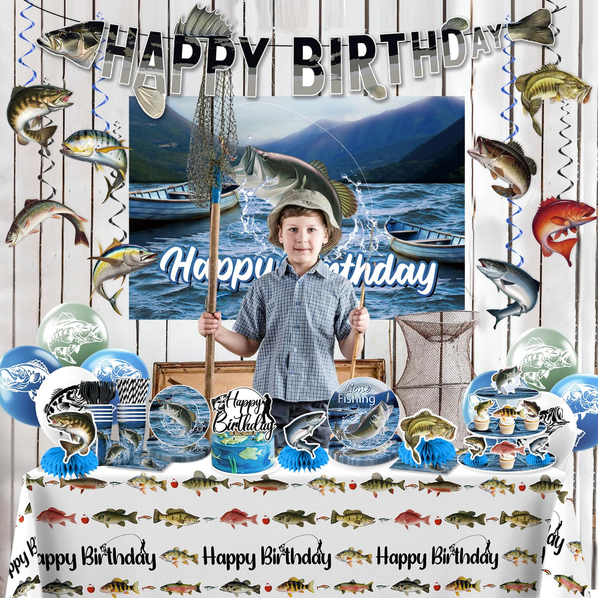 Cocomigo fishing birthday tableware set prepared for quick, coordinated serving.