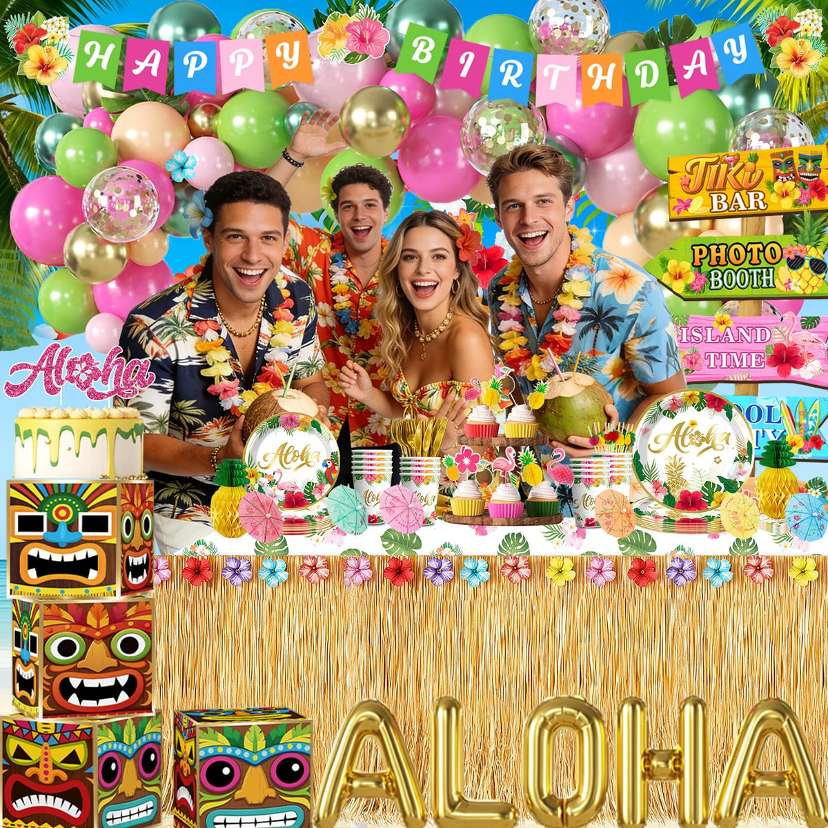 cocomigo gold table skirt adds luxe shine to luau tables.