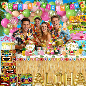 cocomigo gold table skirt adds luxe shine to luau tables.