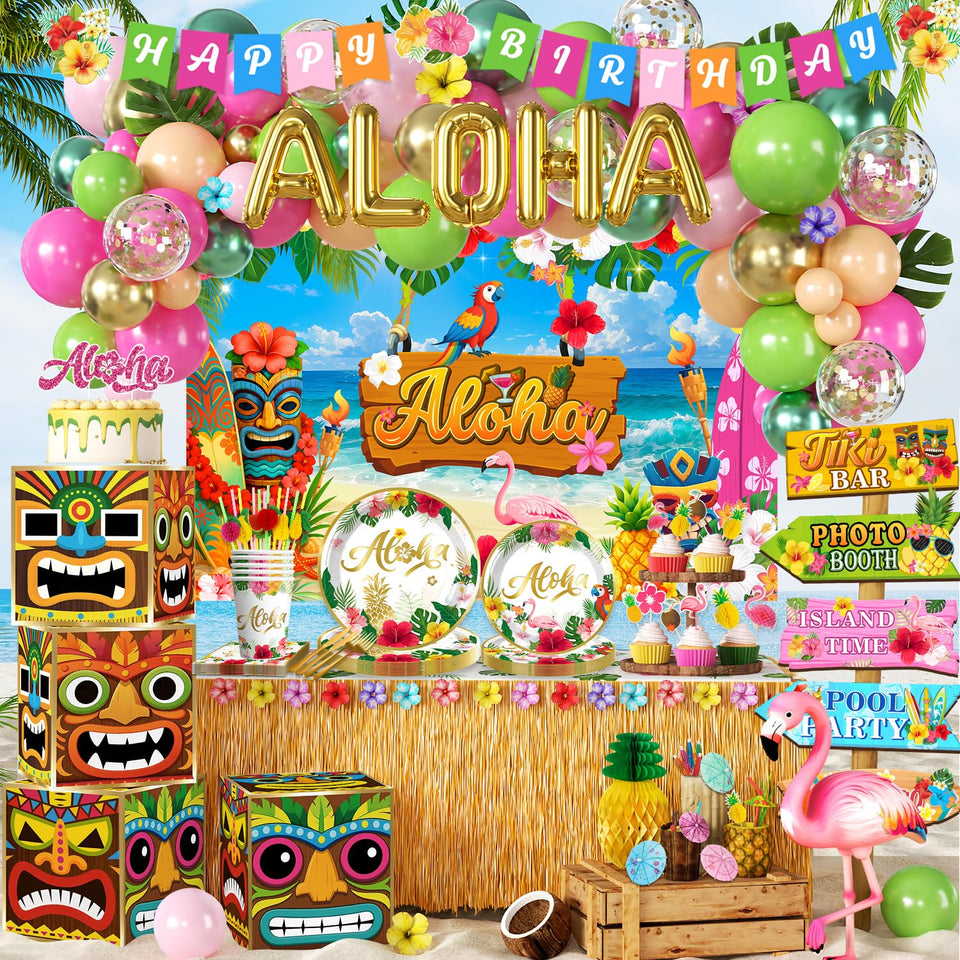 cocomigo hawaiian balloon arch creates a vibrant tropical photo backdrop for parties.