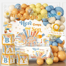 Cocomigo here comes the son banner prestrung for a festive baby shower focal point.