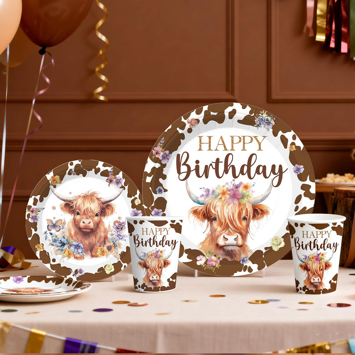 cocomigo Highland Cow balloons brighten the room with festive color.