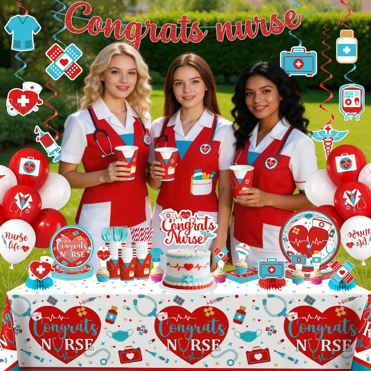 Cocomigo nurse graduation tablecloth and cake topper anchor the tablescape