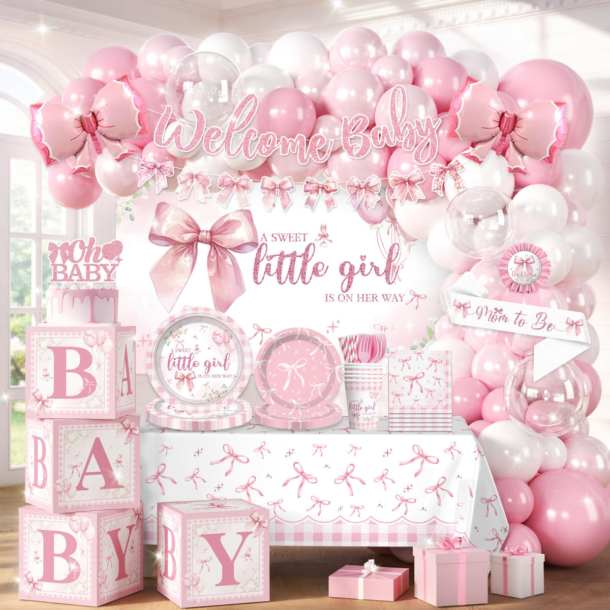 cocomigo pink bow backdrop creates a dreamy baby shower photo moment