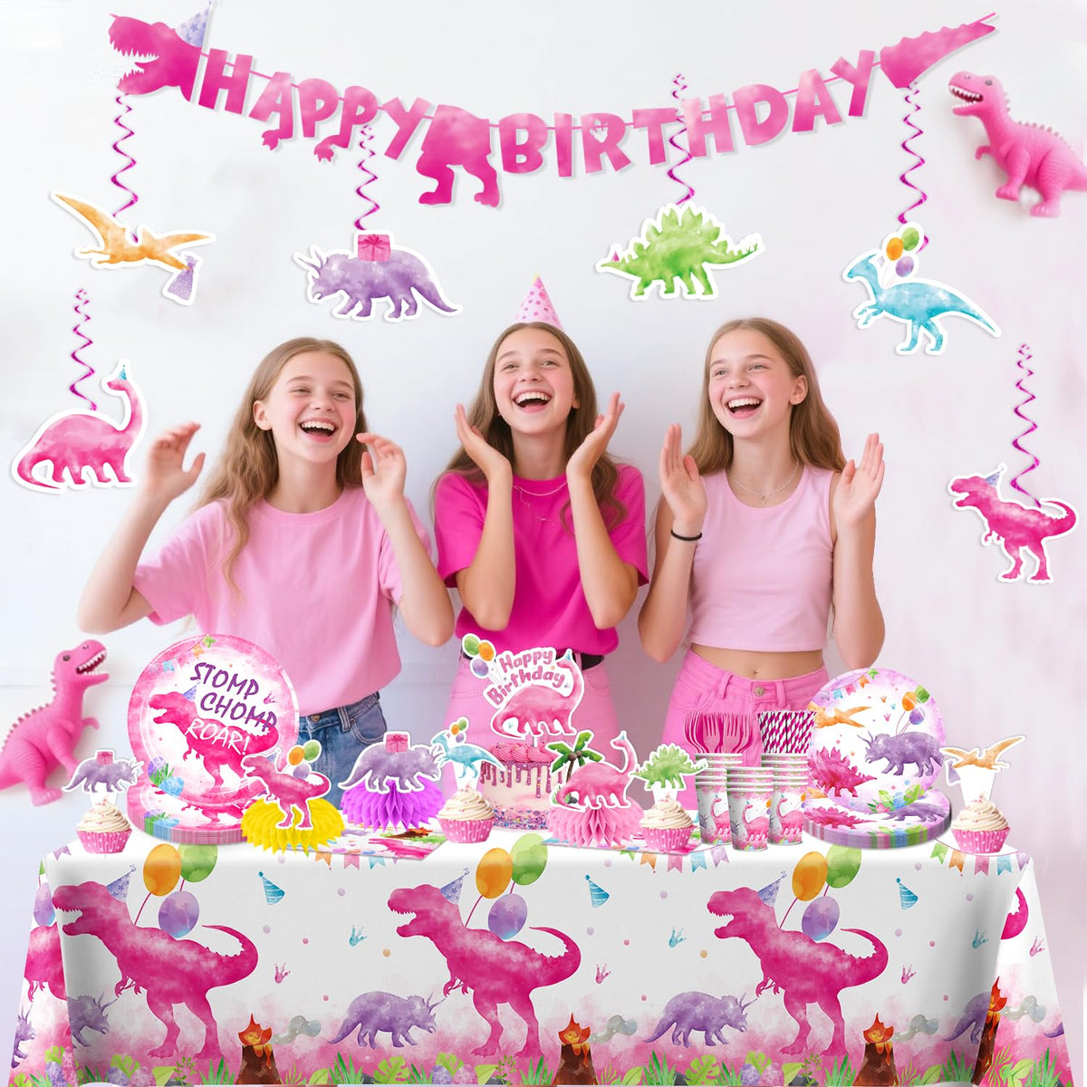cocomigo pink dinosaur centerpieces create focal points on the table.
