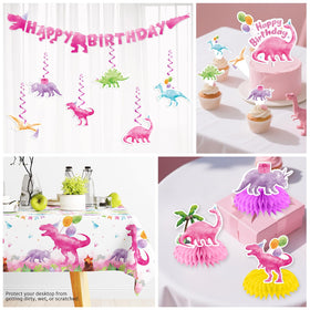 cocomigo pink dinosaur cups-straws-forks set enables quick service and cleanup.