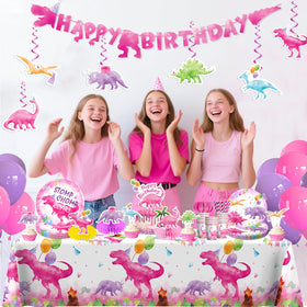 cocomigo pink dinosaur tablecloth protects surfaces during setup and meals.