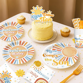 Cocomigo safari sunshine backdrop provides a vibrant background for baby shower photos.