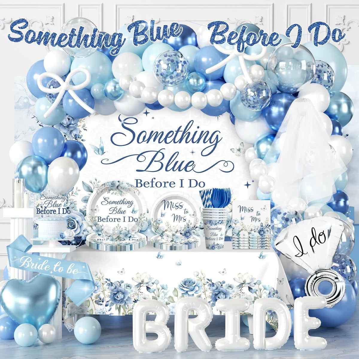 Cocomigo something-blue bridal arch balloon setup for photo-ready décor
