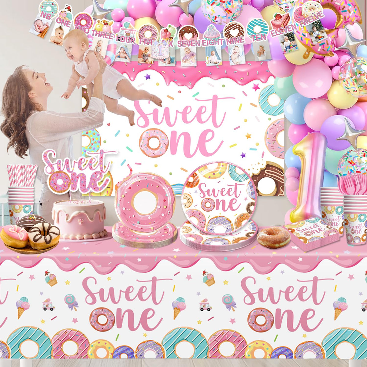 Cocomigo Sweet One balloon arch creates a festive entrance and photo-worthy moment