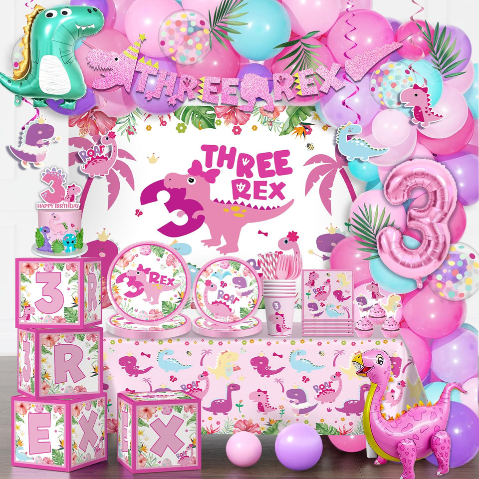 Cocomigo three rex banner enhances the pink dinosaur party decor
