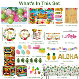 cocomigo tropical banner backdrop with aloha sign enhances luau ambiance for photos.