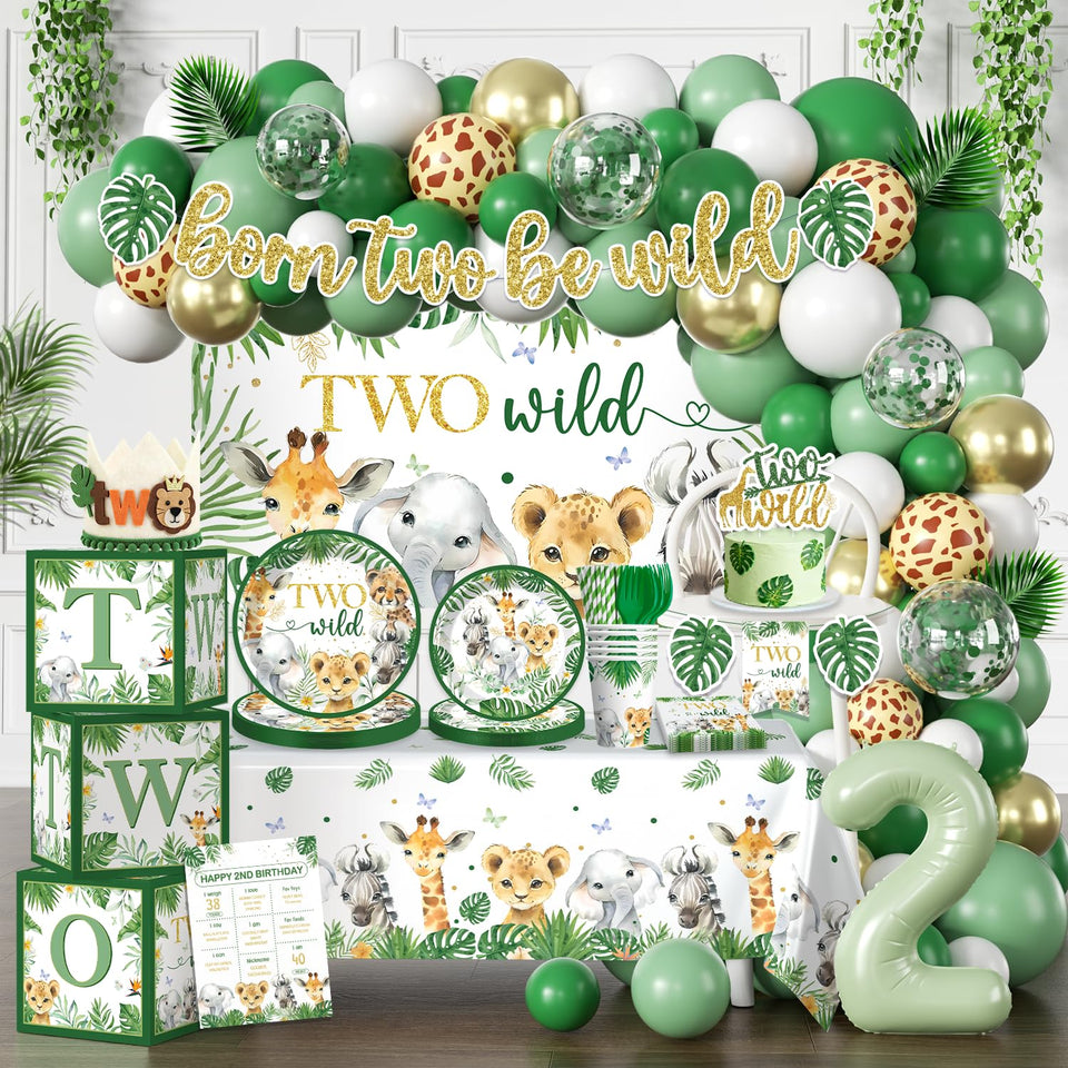 Cocomigo Two Wild banner for jungle safari party creates a coordinated look.