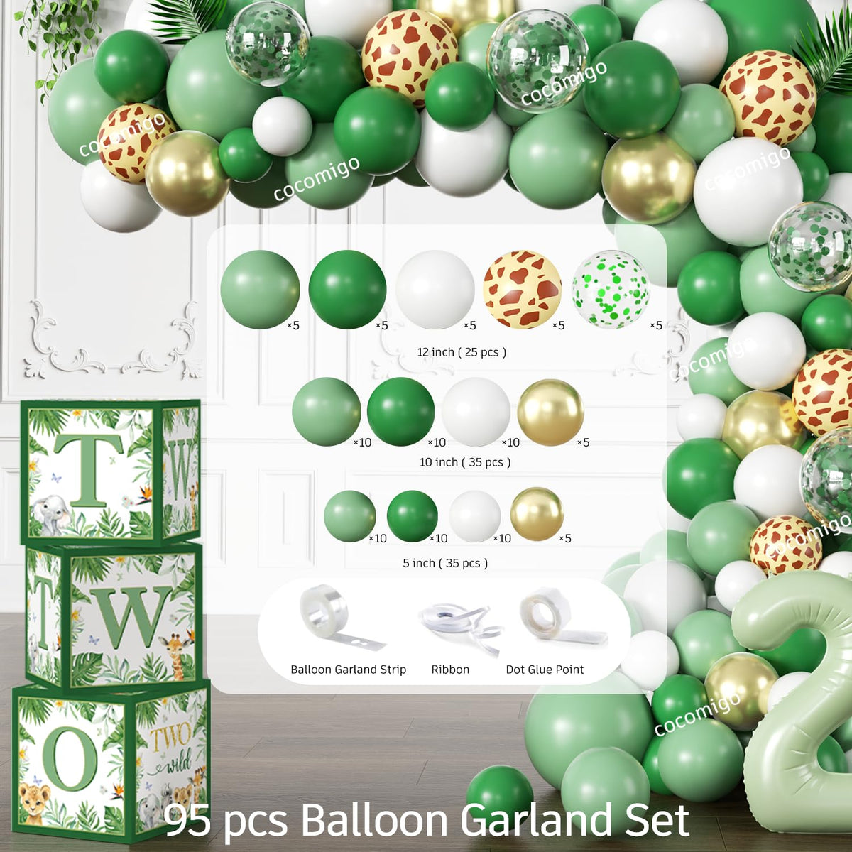 Cocomigo Two Wild latex balloons add festive volume to the jungle party.