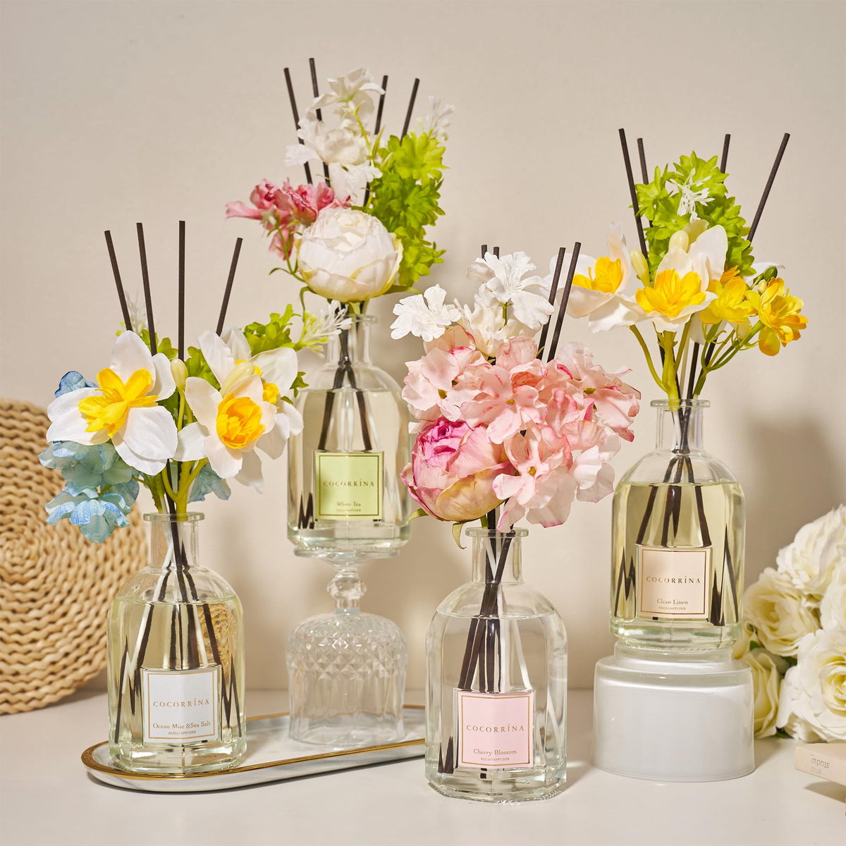 COCORRINA Cherry Blossom diffuser in a bathroom enhances space with fragrance