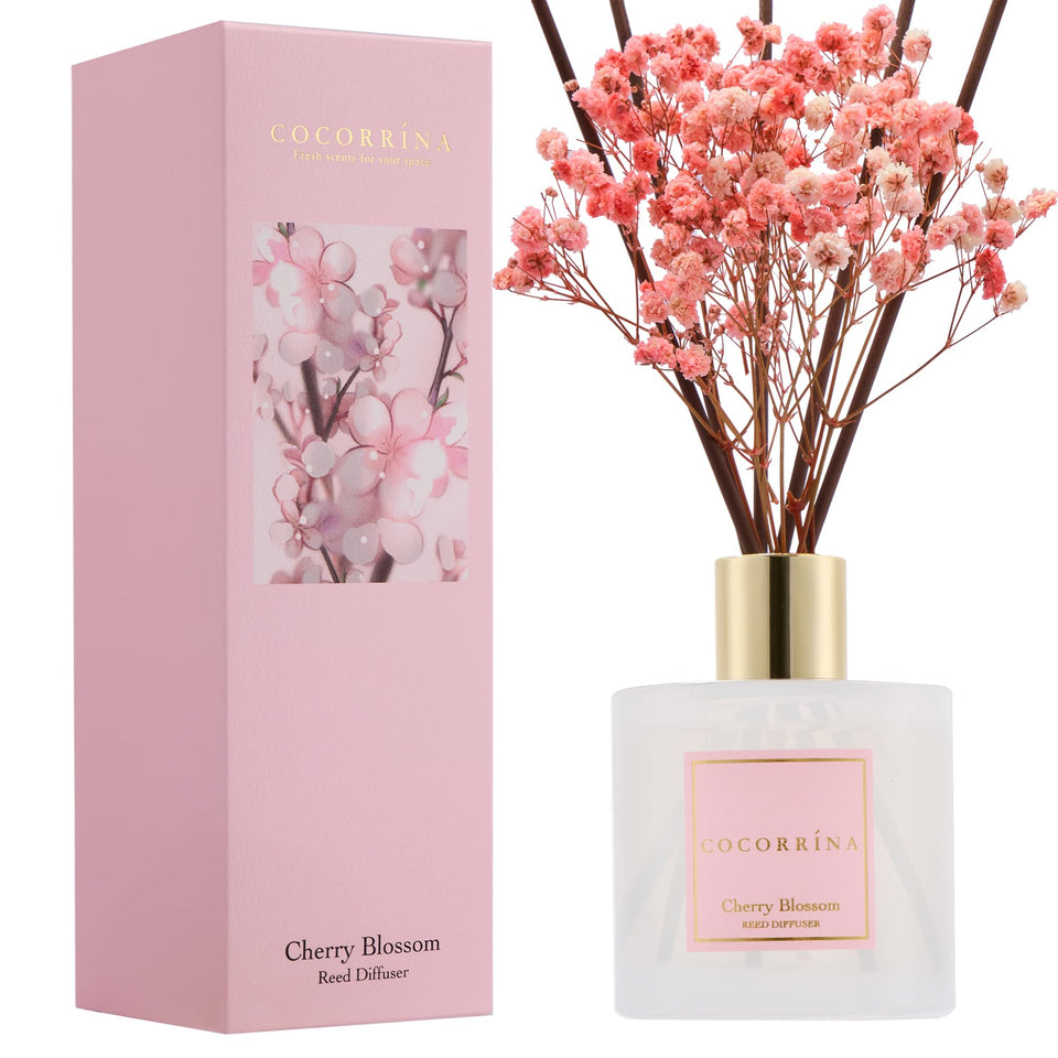 COCORRÍNA Cherry Blossom diffuser bottle releasing a soft spring scent for living spaces.
