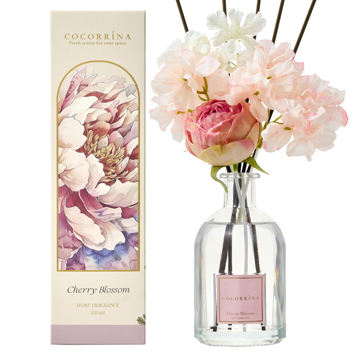 COCORRINA Cherry Blossom reed diffuser with 8 sticks for long-lasting aroma