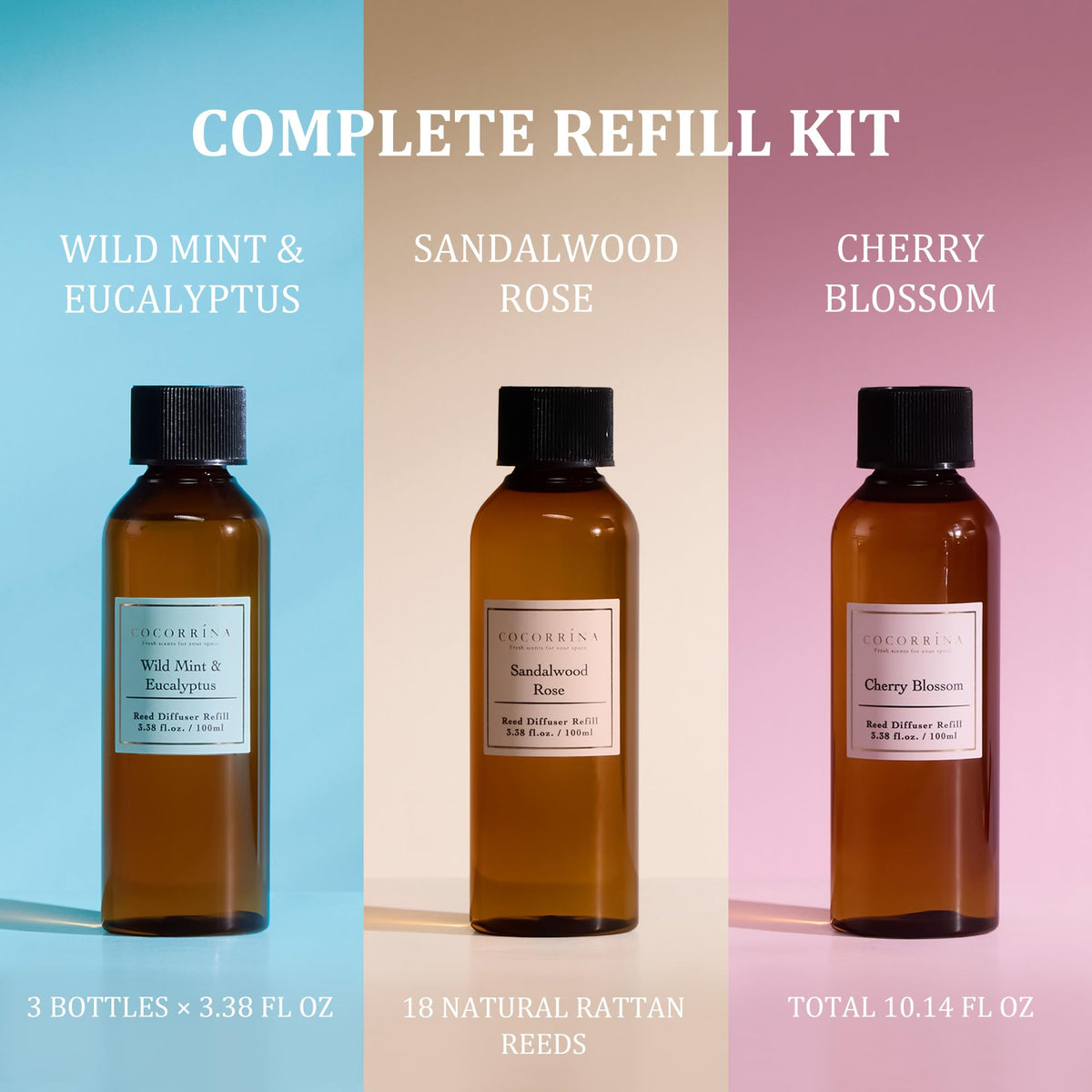 COCORRÍNA cherry blossom refill bottle creates a fresh, floral atmosphere.