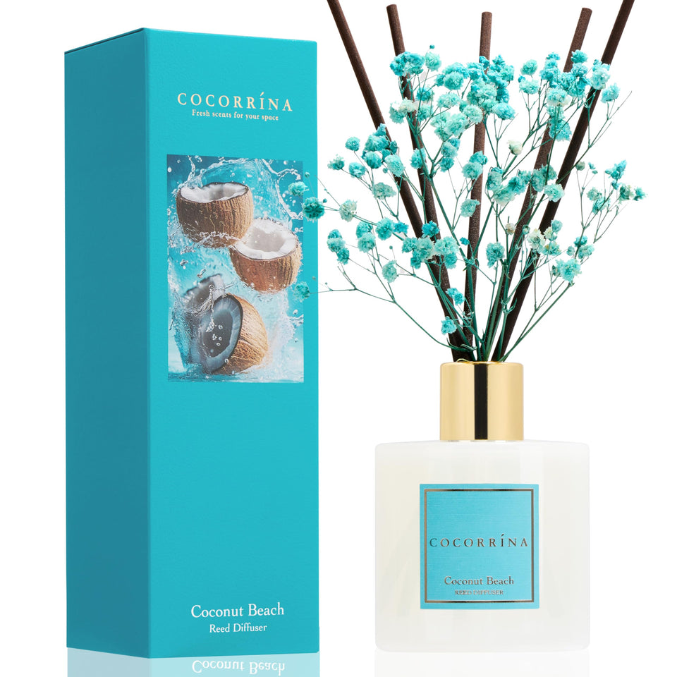 COCORRÍNA Coconut Beach reed diffuser bottle enhances living room ambiance with coastal notes