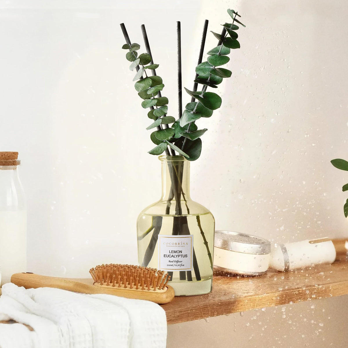 COCORRÍNA Lemon Eucalyptus diffuser in bedroom offers relaxing citrus and herbal notes.
