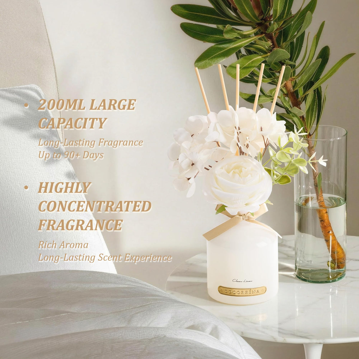 COCORRÍNA diffuser bottle on shelf adds botanical decor and scent.