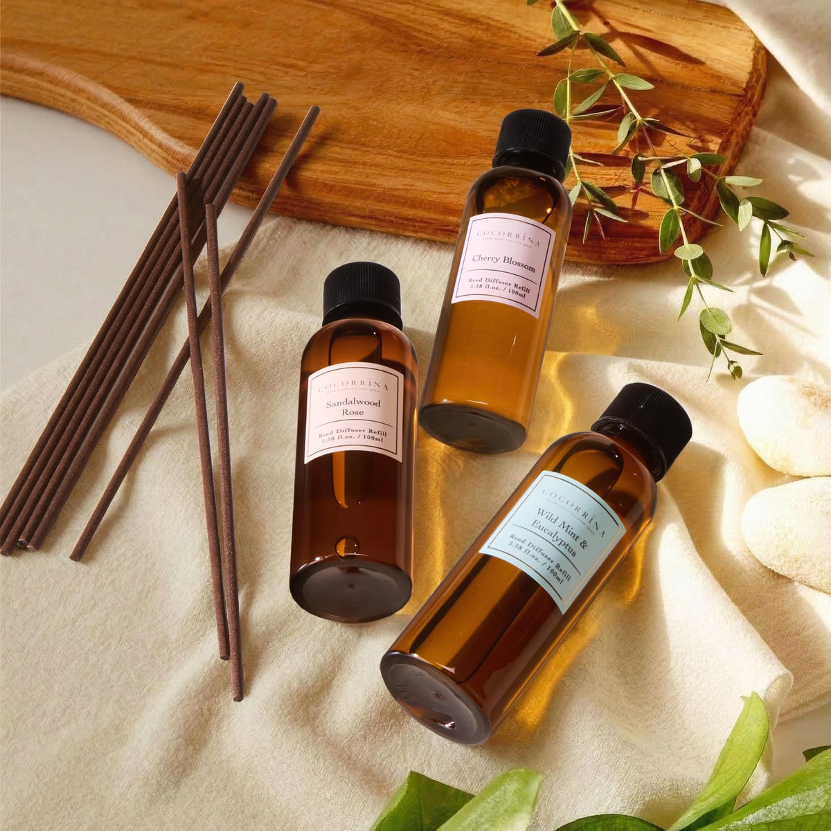COCORRÍNA diffuser refill set packaging shown for versatile home fragrance.
