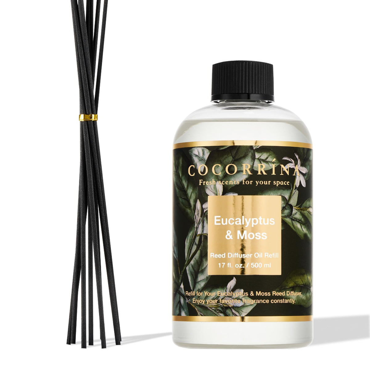 Cocorrina eucalyptus-moss refill bottle designed for long-lasting home fragrance.