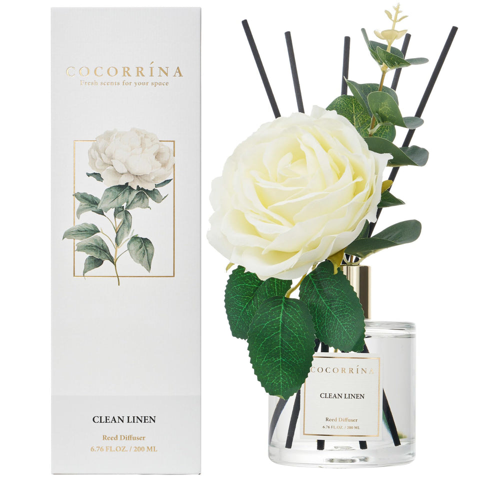 Cocorrina Flower Reed Diffuser bottle with Clean Linen scent for a fresh, inviting room.