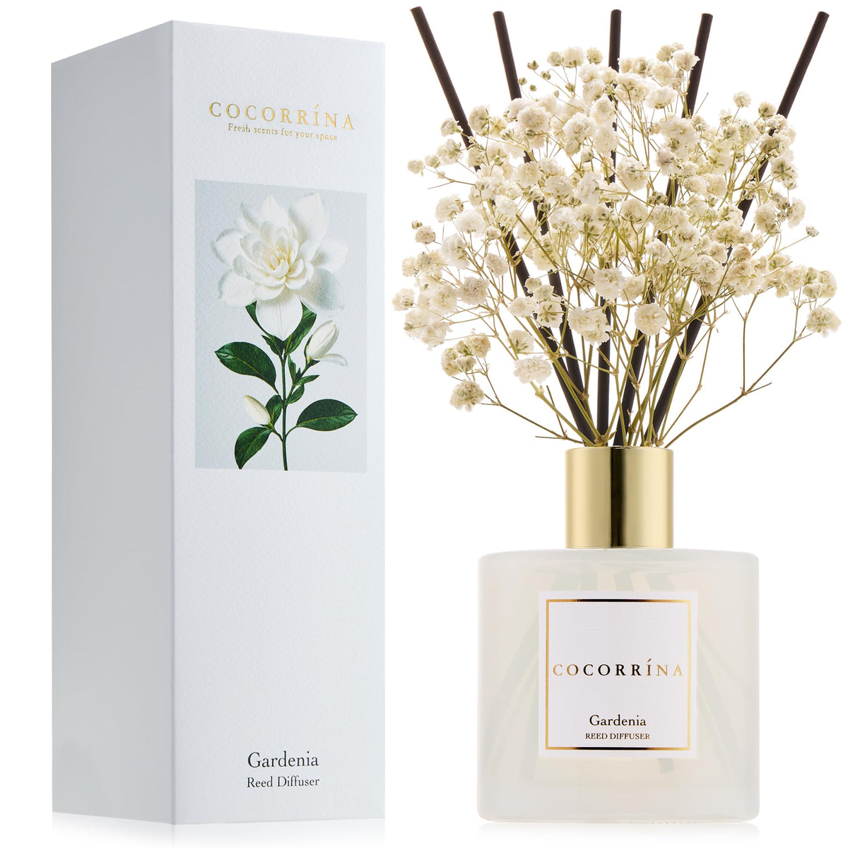 COCORRINA Gardenia diffuser bottle releasing a fresh floral aroma for living spaces